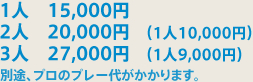 1人　15,000円　2人　20,000円（1人10,000円）　3人　27,000円（1人9,000円）　別途、プロのプレー代がかかります。